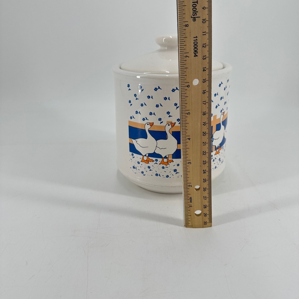 Vintage Country Geese Ceramic Canister with Lid Blue Ribbon Farmhouse Jar - Picture 7 of 7
